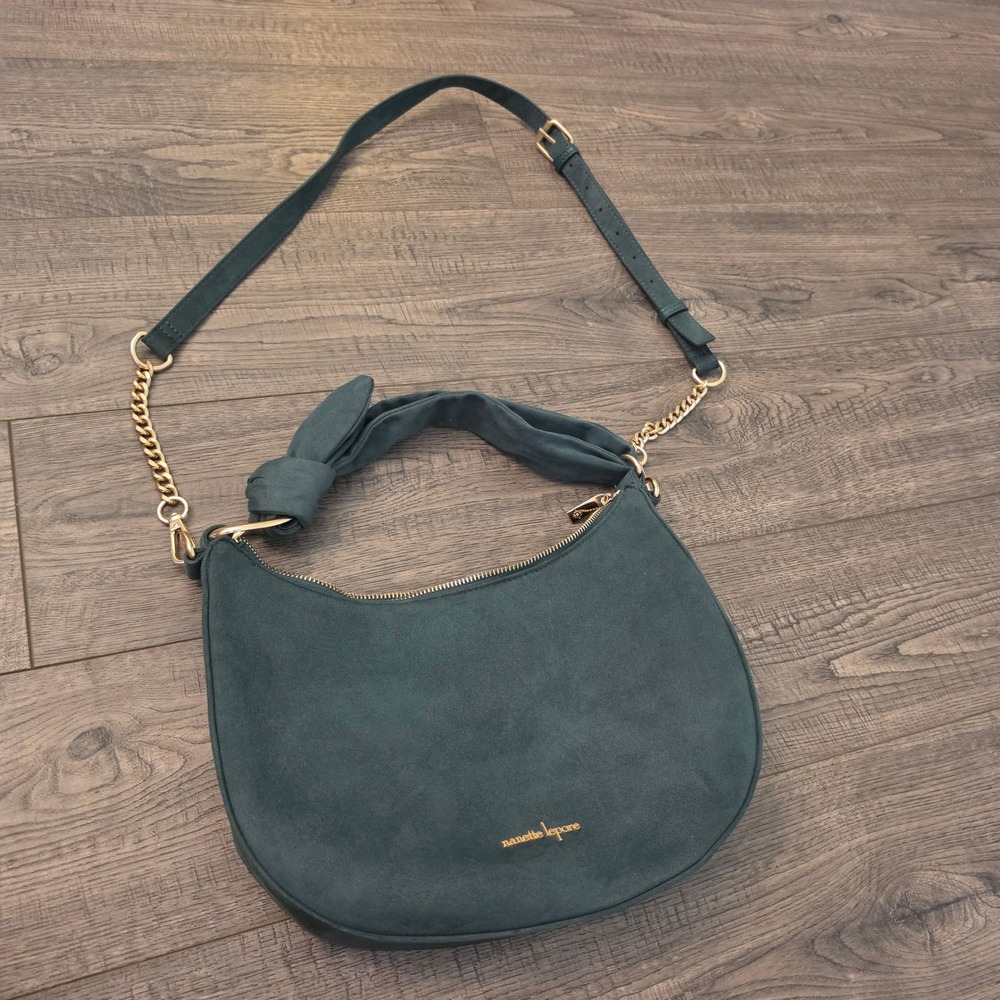 Nanette Lepore Teal Faux Suede Hobo Crossbody Bag with Knot Handle Gold Hardware - Picture 9 of 9